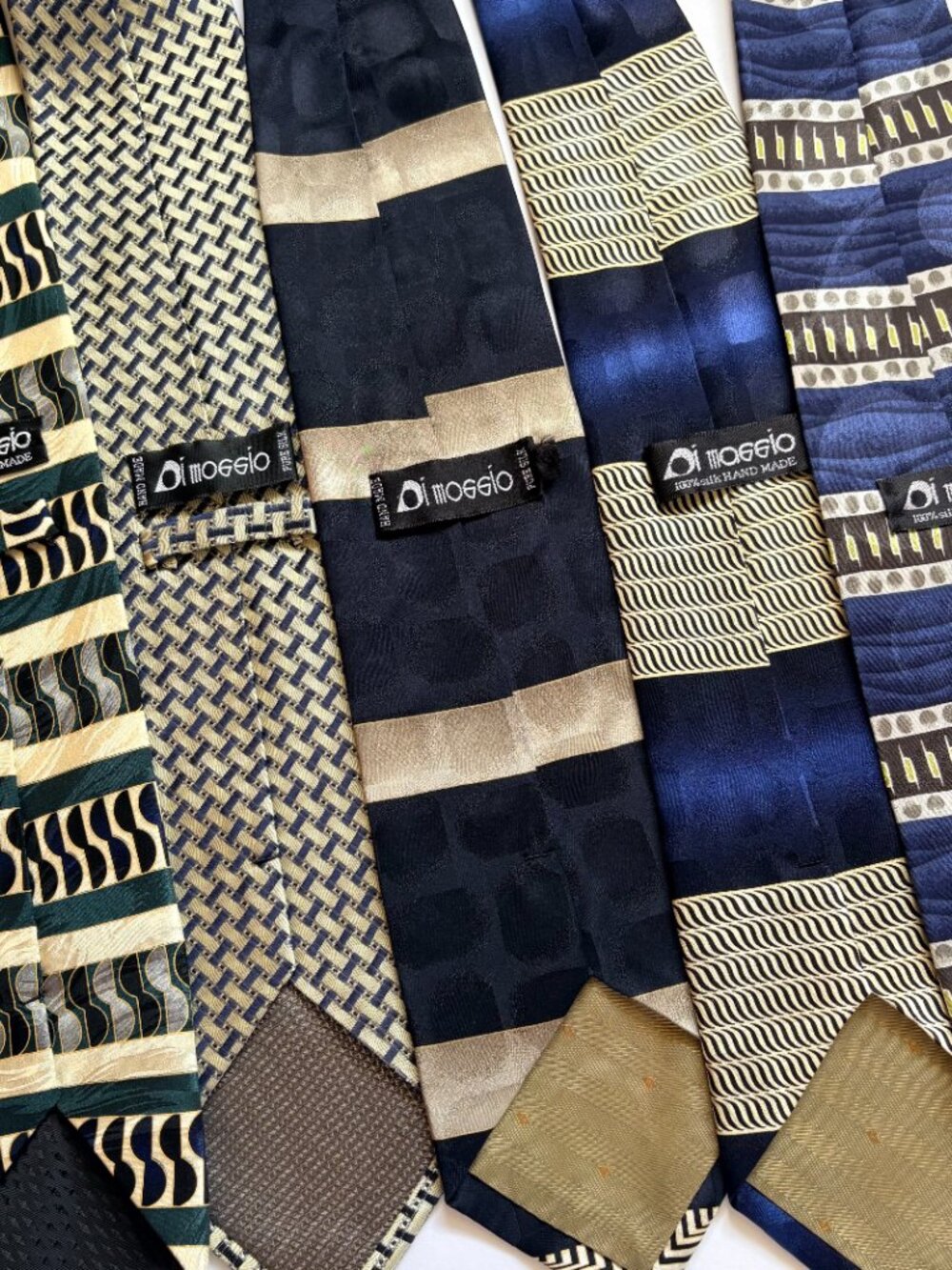 Di Mossio Silk Tie Set 5 Mixed Geo Blue Black Teal Yellow Cream 4" - Picture 7 of 7